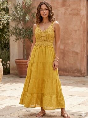 J Gee Crochet Bodice Mustard Maxi Dress